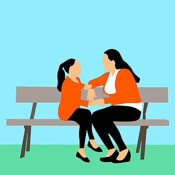 mother, daughter illustration, -, sitting, bench, park., child, daughter, parent, winter, park