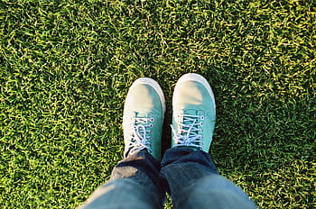 shoes, sneakers, laces, turquoise, jeans, pants, feet, grass
