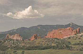scogliere, verde, colline., sbiadito, in lavorazione., America, americano, Arizona, canyon, nuvole, orizzonte
