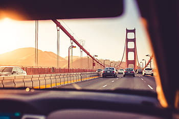 conducción, dorado, puente gate, puesta de sol, puente, california, autos, unidad, conductor, ggb, puente golden gate