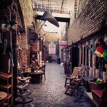 trh, bazar, obchodů, zboží, alej, dlažební kamen, židle, klec