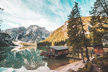 antiguo, de madera, casa, lago braies, dolomías de italia, otoño, hermoso, dolomitas, bosque, lago di braies, lago