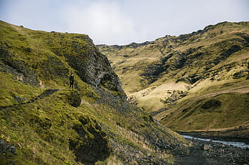 mladý, kavkazské turista, kopců, glaciální, proud, 25-30 let, dobrodružství, mrak, ledovec, zelená, kopec