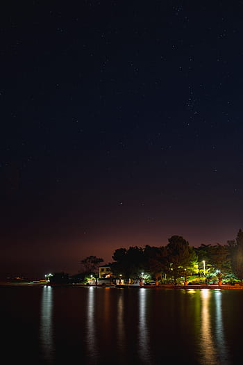 céu estrelado, noite, marina, izola, eslovénia, céu noturno, beira-mar, luzes da noite, tarde, paisagem aquática
