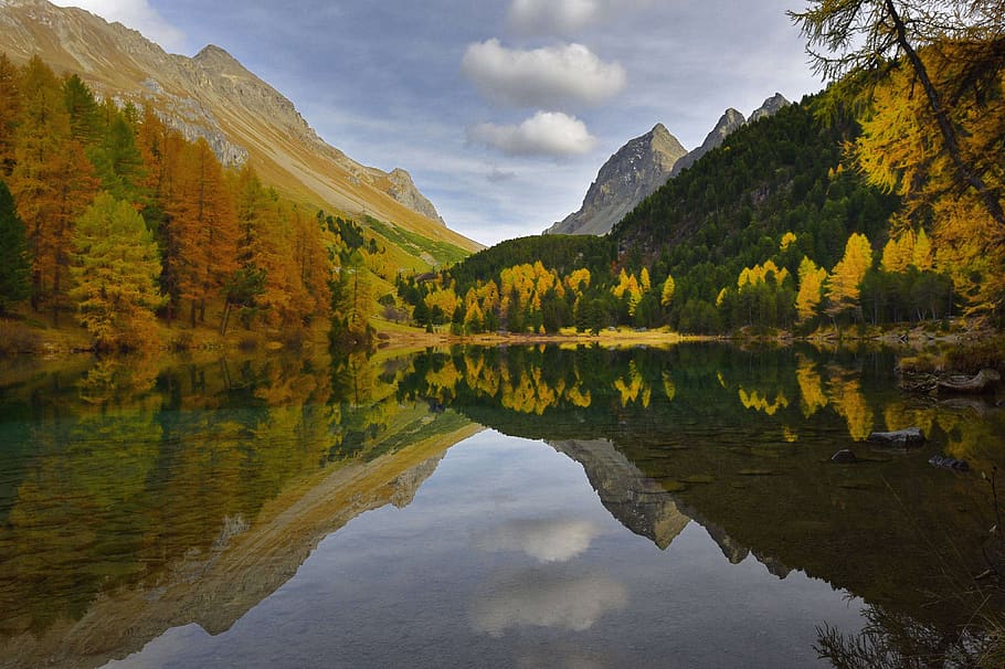 horské jezero, údolí albula, barvy podzimu, švýcarsko