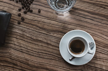 Espresso, Kaffee, Tasse, Holz, Tabelle, Glas, Kaffeebohnen, Morgen, Brieftasche, Cafe