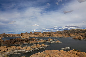 dramatický, vzory, světlo, temný, přes, watson jezero, prescott arizona žula dells, dells., arizona, lezení, mraky