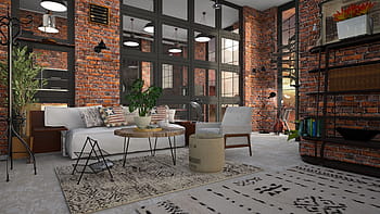 soffitta, mattone, divano, camera, finestra, mobilia, l'interno del, confortevole, lusso, scaffali, pavimento