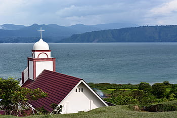 sumatra, indonesia, church, religion, lake, toba, blue, landscape, building, christian, batak