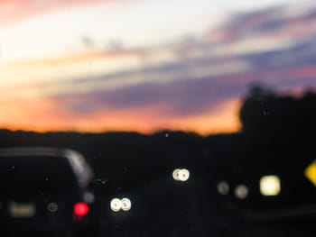 highway, cars, driving, road, sunset, dusk, evening, night, blurry