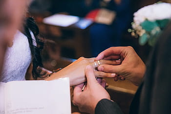 groom, putting, wedding ring, bride, finger, church, black, celebration, ceremony, dress, event