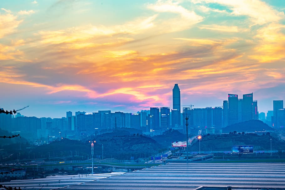mrak, oblak plamene, cirrus, západ slunce, panoráma, město, budova, mrakodrap, guiyang