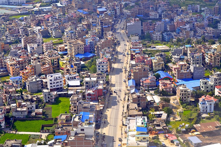 kathmandu, city, nepal, tourism, asia, urban, travel, block houses, plane view, birds eye, road