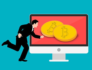 ilustrare, om, alergare, către, ecranul computerului, afișarea, monede, bitcoin icoana, blockchain, Bitcoin, om de afaceri