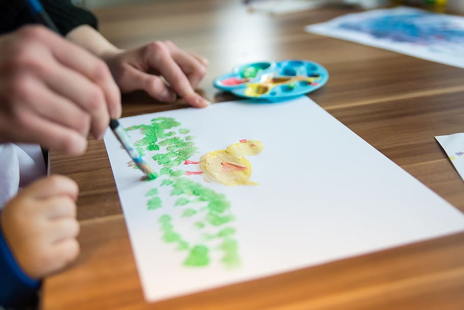 table, paper, creativity, education, hand, work, brush, child, paint, color, art