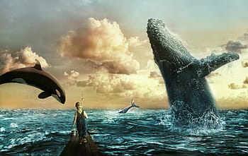 sea, whales, boy, clouds, sky, water, ocean, child, fantasy, composing, orca
