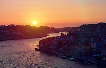 západ slunce, -, porto, starý, město, severní, Portugalsko, panoráma města, Evropa, evropský, historický