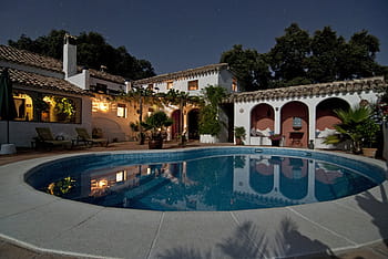 pool, backyard, villa, house, arches, roof, rich, stars, night, chairs, shingles