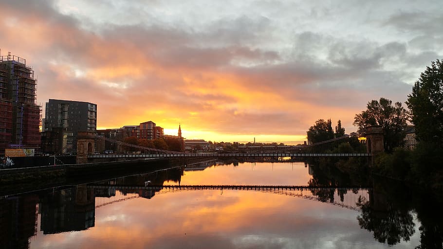 svítání, řeka, Skotsko, řeky, město, voda, clyde, Glasgow