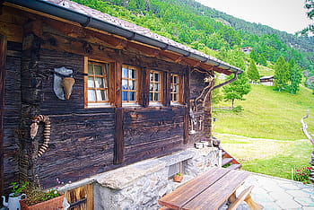 faház, faipari, hegy, természet, svájci, tavaszi, meleg, utazás, gerendaház, fa, pad