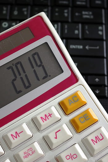 2019, obrazovky kalkulačky, počítačová klávesnice, kalkulačka, obrazovka, rok, počítač, klávesnice, technologie, čísla, nový rok