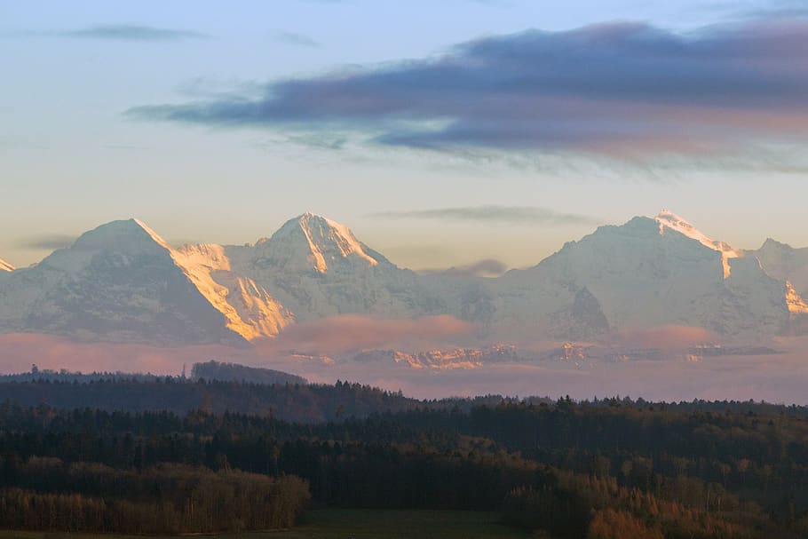 mountains, shining, eiger, monk, virgin, landscape, sky, clouds, scenic, mood, light