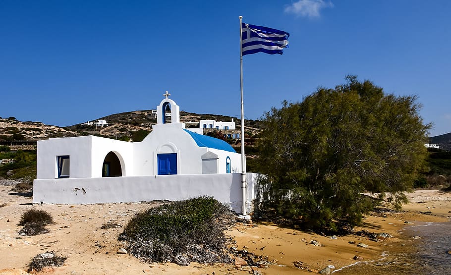 Kirche, Strand, Weiß, Blau, Meer, Wind, Antiparos, paros, Griechenland, Kykladen, die Architektur