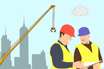 illustration, two, men, working, construction site, site., construction, site, engineer, outside, estate