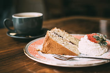 affettato, torta, crema, piatto, forchetta, tavolo, tazza, boccale, piattino, cibo, dolce