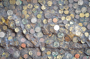set, coins, embedded, mud, dirt., money, coin, finance, business, currency, symbol