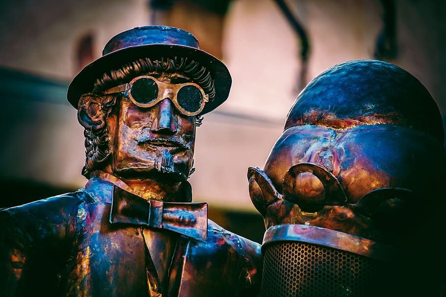 sculpture, copper, figure, ice cream vendor, ice cream parlour, portrait, male, style, elegant, clothing, fashionable
