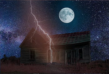 opuštěný, Dům, zesvětlení, bouřka, starý, budova, temný, okno, zeď, architektura, grunge