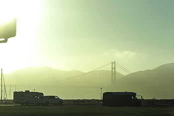 parkoviště, opar, mlha, vzdálený, zlatý, hradlový most, most., záliv, Kalifornie, Zlatá brána, Golden Gate Bridge