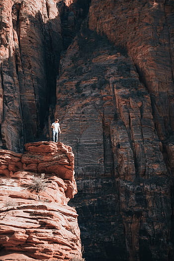 young, caucasian man, standing, layered, rock, grand, 25-30 year old, Adventure, America, Canyon, Climbing