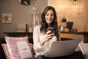 woman, working, laptop, looks, mobile, phone, living, room, Adult, Bed, Comfort