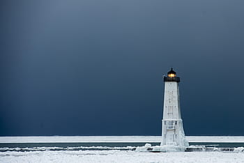 lighthouse, ice, winter, snow, michigan, cold, landscape, nautical, water, coast, sky