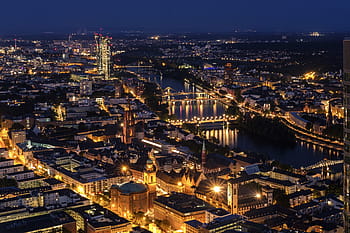 city, frankfurt, cityscape, skyscraper, skyscrapers, historic center, river, bridges, water, streets, dusk