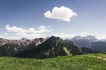 Příroda, krajina, tráva, hora, kopec, mraky, nebe