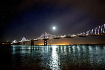 architecture, pont, structure, bleu, ciel, foncé, nuit, étoiles, lune, vue, horizon