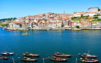 typical, rabelo boats, carrying, port wine barrels, -, porto, portugal, port, wine, boats, bridge