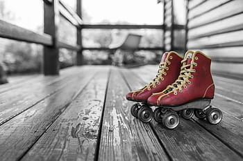 red, roller skates, laces, wheels, wood, deck, porch