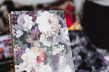 violeta 2018 dia planejador, fêmea, flores, caderno, negócios, floral, calendário, roxo, violeta, agenda, planejador