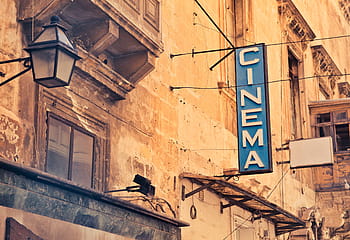 budov, vývěsní štít, slovo kino, valletta, Malta, reklamní, starý, show, zeď, prapor, kino