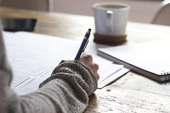 writing, write, person, paperwork, paper, notebook, coffee cup, work, working, female, woman