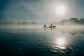 perahu, danau, air, kano, berperahu, orang-orang, memancing, nelayan, matahari terbit, fajar, kabut