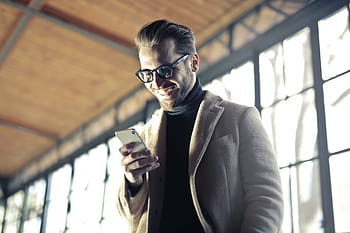 muž, usmívající se, mobilní, pohybliví, přístroj, telefon, brýle, móda, oblek, Bunda, šťastný, lidé