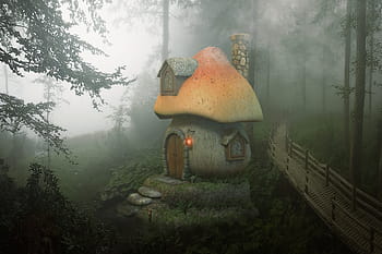 mushroom, house, forest, wood, fantasy, fantasy landscape, smoke, mist, enchanted, fairytale, magical