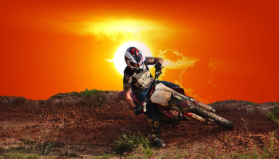 západ slunce, motokros, venku, rekreační sport, motocykl, extrémní, soutěž, helma, Rychlost, kolo, sport