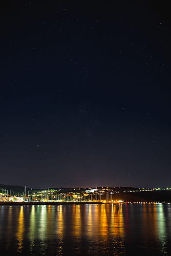 céu estrelado, noite, marina, izola, eslovénia, céu noturno, beira-mar, luzes da noite, tarde, paisagem aquática