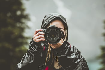 Fotoaparát, dívka, hory, strom, Příroda, fotografování, fotografie, blondýnka, žena, roztomilý, déšť